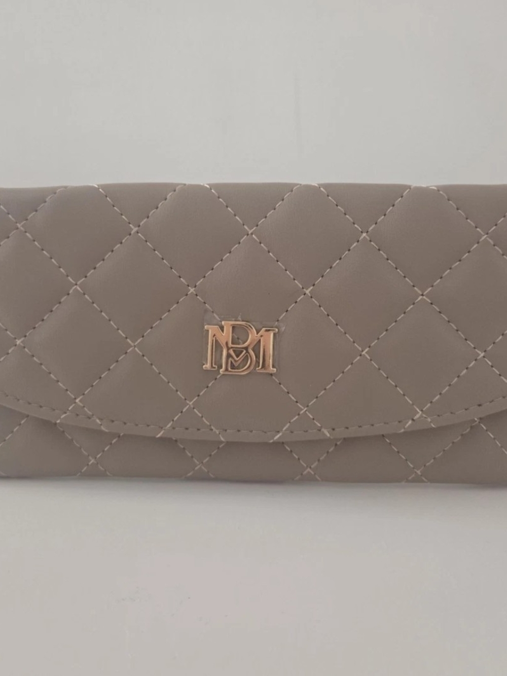 Badgley Mischka Taupe Quilted Checkbook Wallet Logo Accent
